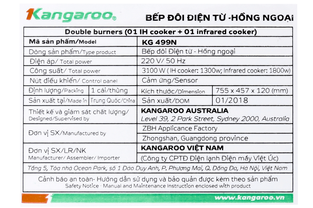 Bếp đôi từ hồng ngoại Kangaroo KG499N