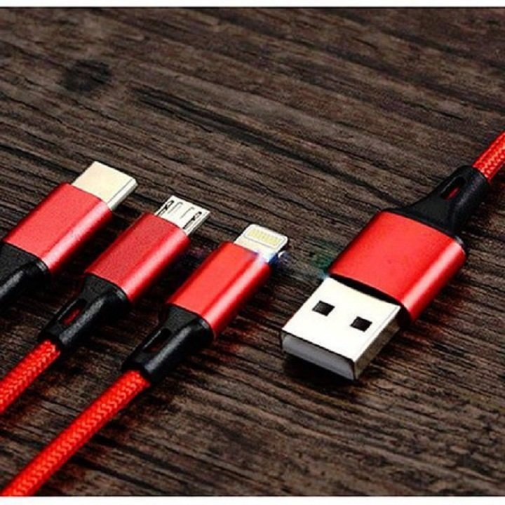 Dây sạc nhanh 3 đầu Lightning, Micro USB, Type C độ bền dây dù bền hỗ trợ sạc nhanh