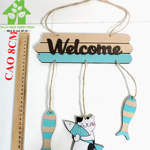 Bảng gỗ decor trang trí CỬA HÀNG 🚀WELCOME MÈO ÔM CÁ🚀 (tặng kem móc treo tường)