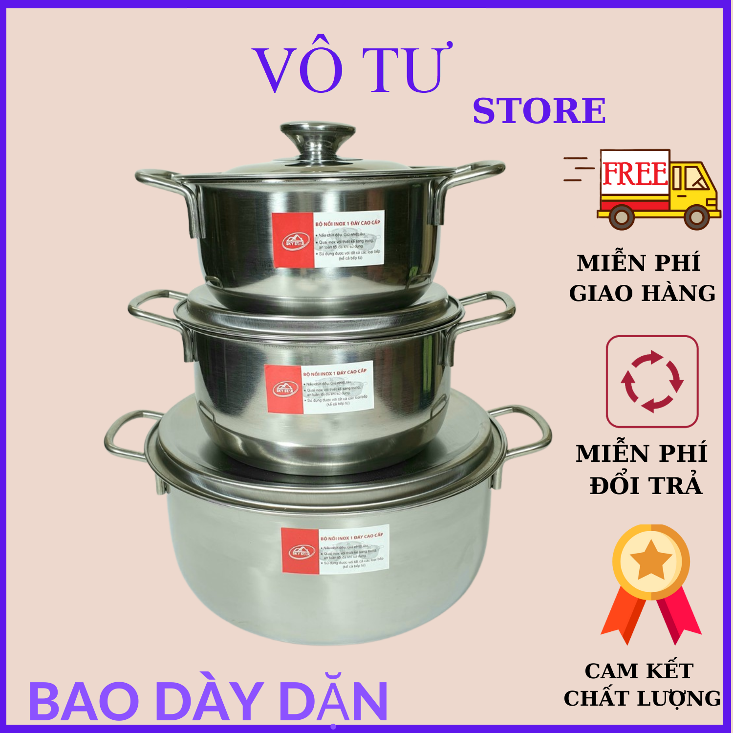 [ BẢO HÀNH 1 NĂM ] Bộ 3 nồi inox sáng bóng SKY STAR nắp inox 24cm 18cm 16cm dùng dược bếp từ và mọi loại bếp bộ nồi inox chắc chắn cao cấp