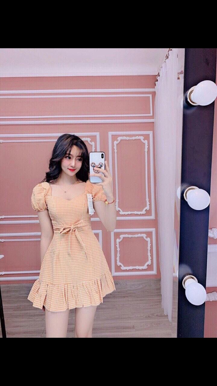 [HCM]Đầm Carô Nữ Kate Tay Phồng Nữ Tính hàng đẹp y hình LT2019