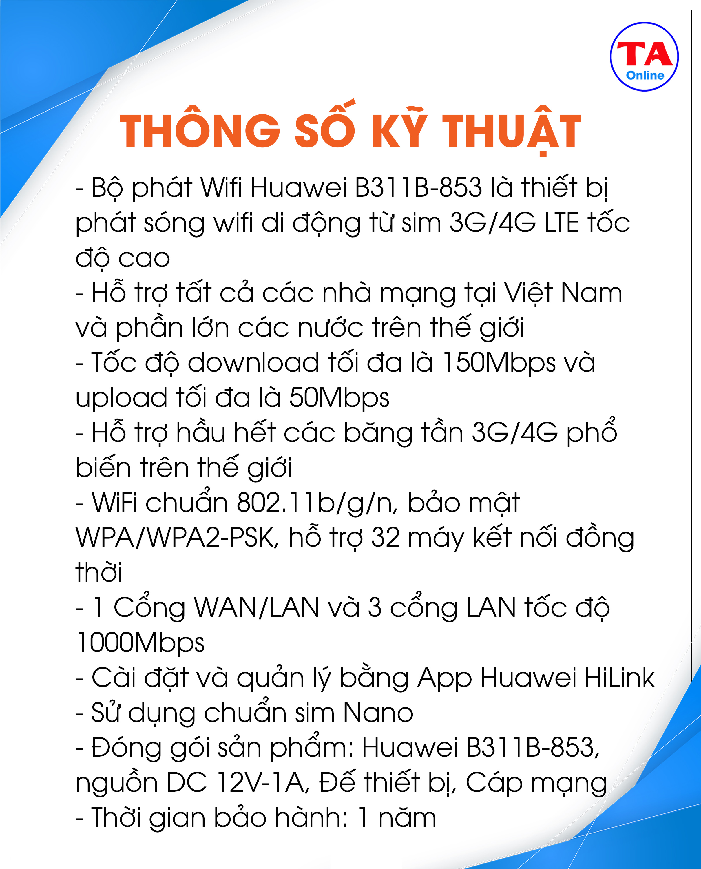 Bộ Phát Wifi 3G/4G LTE Huawei B311 Tốc Độ 4G 150Mbps Hỗ Trợ 32 User 1 WAN/LAN Và 3 LAN Gigabit