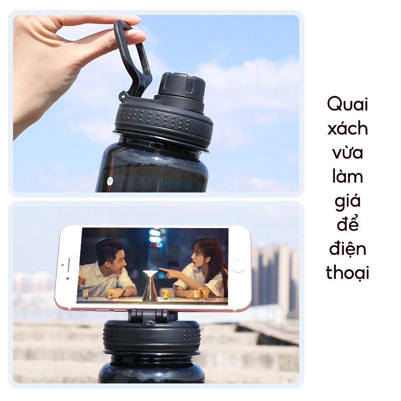 Bình nước thể thao tập gym 1 lít Portable Cup loại cao cấp, chống tràn, gỉ nước - Bình đựng nước có chia vạch và  quai treo