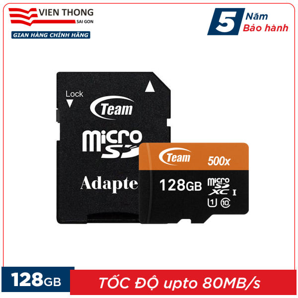Thẻ nhớ microSDXC Team 128GB 500x upto 80MB/s class 10 UHS-I kèm Adapter (Đen cam) - Hãng phân phối chính thức