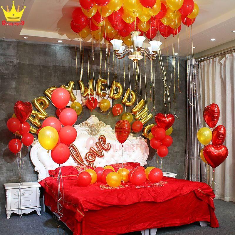 SET BÓNG TRANG TRÍ PHÒNG CƯỚI ,PHÒNG TÂN HÔN TÔNG ĐỎ- VÀNG ĐÔNG SANG TRỌNG ( tặng bơm bóng, băng dính, dây ruy băng)