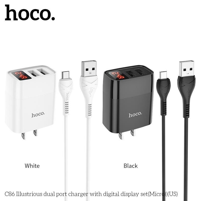 Bộ củ cáp  2.4A Hoco C86  2 cổng USB màn LED, Chân ip, Micro, Type-C - BH 12 tháng