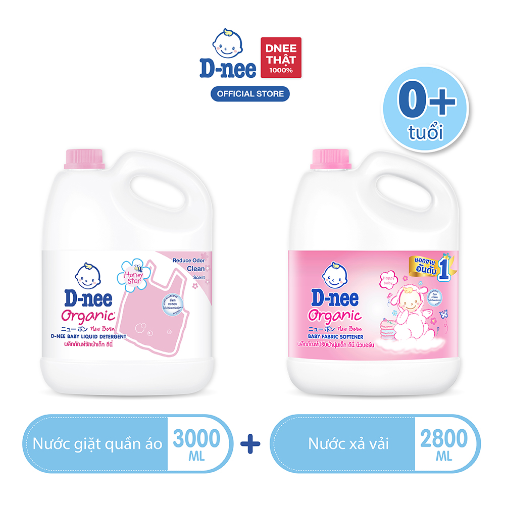 Nước giặt quần áo D-nee 3000 ML - Honey Star + Nước xả vải D-nee 2800 ML - Happy Baby