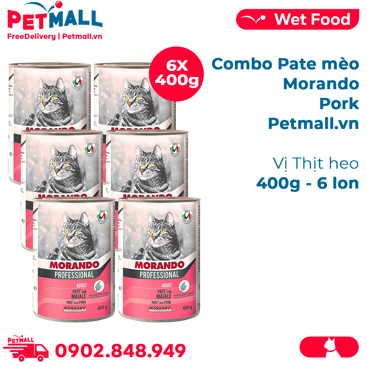 Combo Pate mèo Morando Pork 400g - 6 lon - Vị Thịt heo Petmall