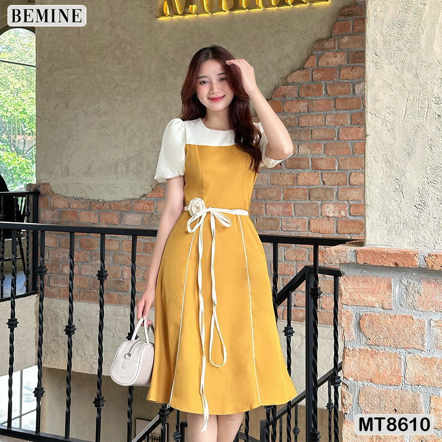 Đầm thiết kế phối tay phồng đính nơ eo bemine mt8610