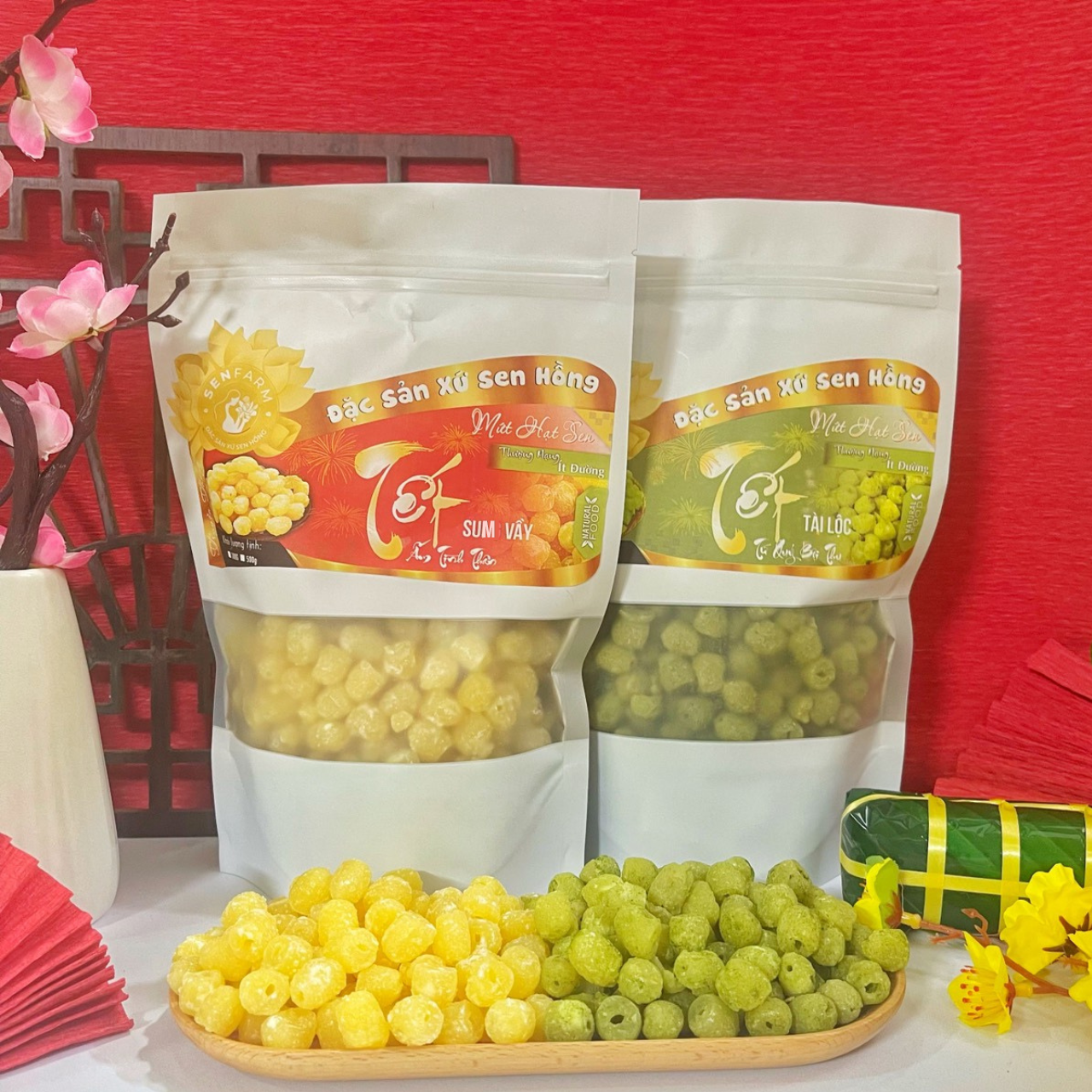 Combo 2 bịch mứt hạt sen 2 vị (trà xanh + truyền thống) thượng hạng Senfarm