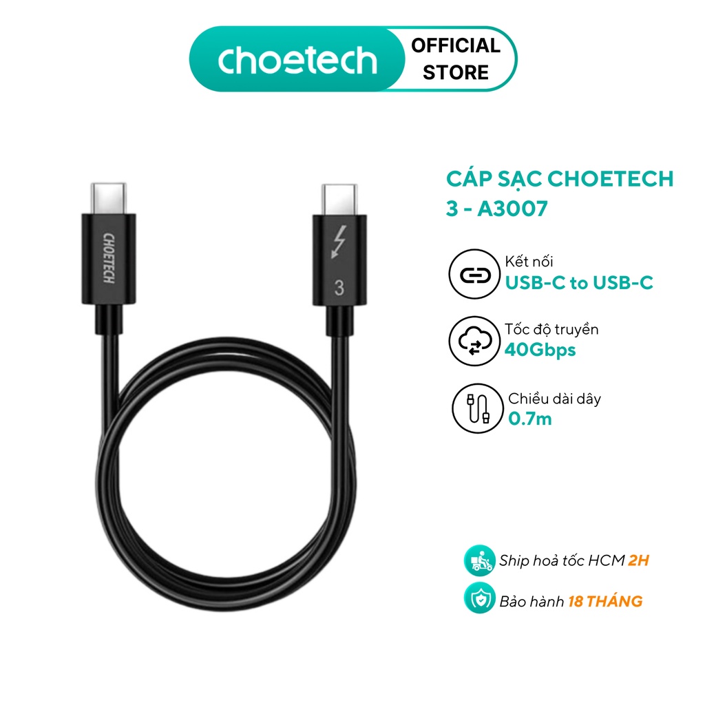 Dây cáp CHOETECH USB-C ra USB-C chuẩn Thunderbolt 3 - A3007 (Tất cả các sản phẩm di động)