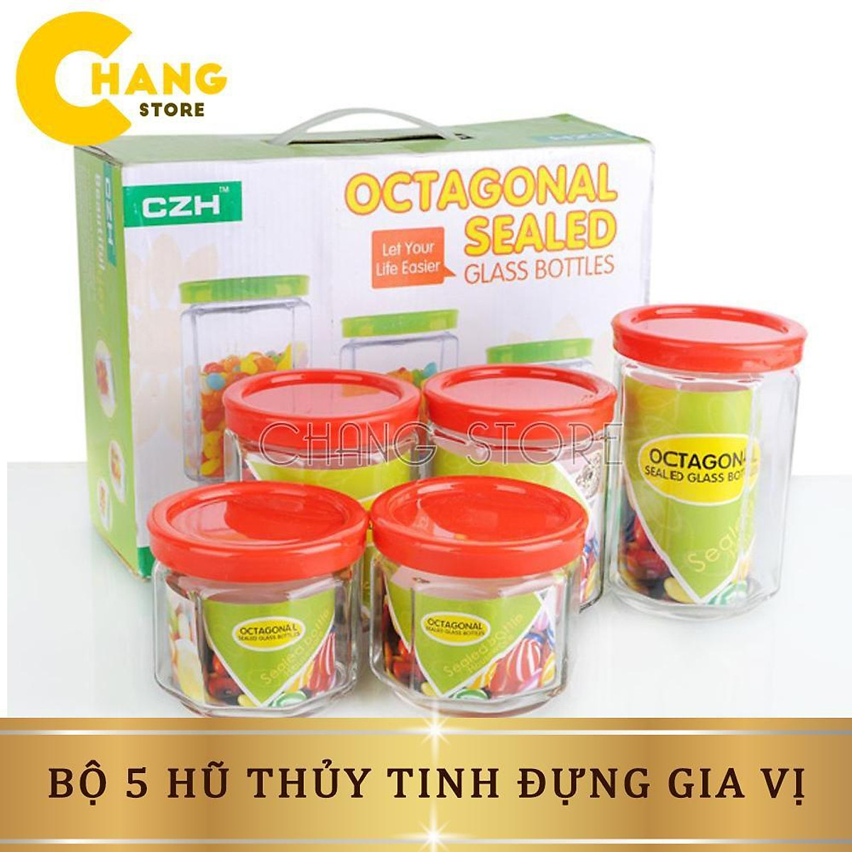 ⛔FREESHIP⛔ Bộ 5 hũ gia vị nắp đỏ (LOẠI NẮP ĐỎ)
