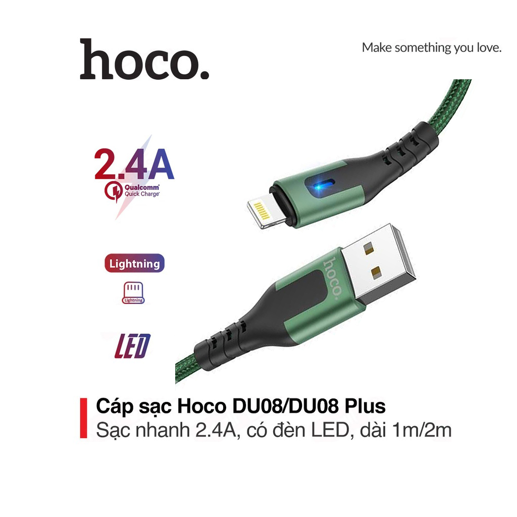 Cáp sạc 2.4A Hoco DU08/DU08 Plus Lightning dây bọc có đèn LED dài 1M/2M cho iPhone/iPad