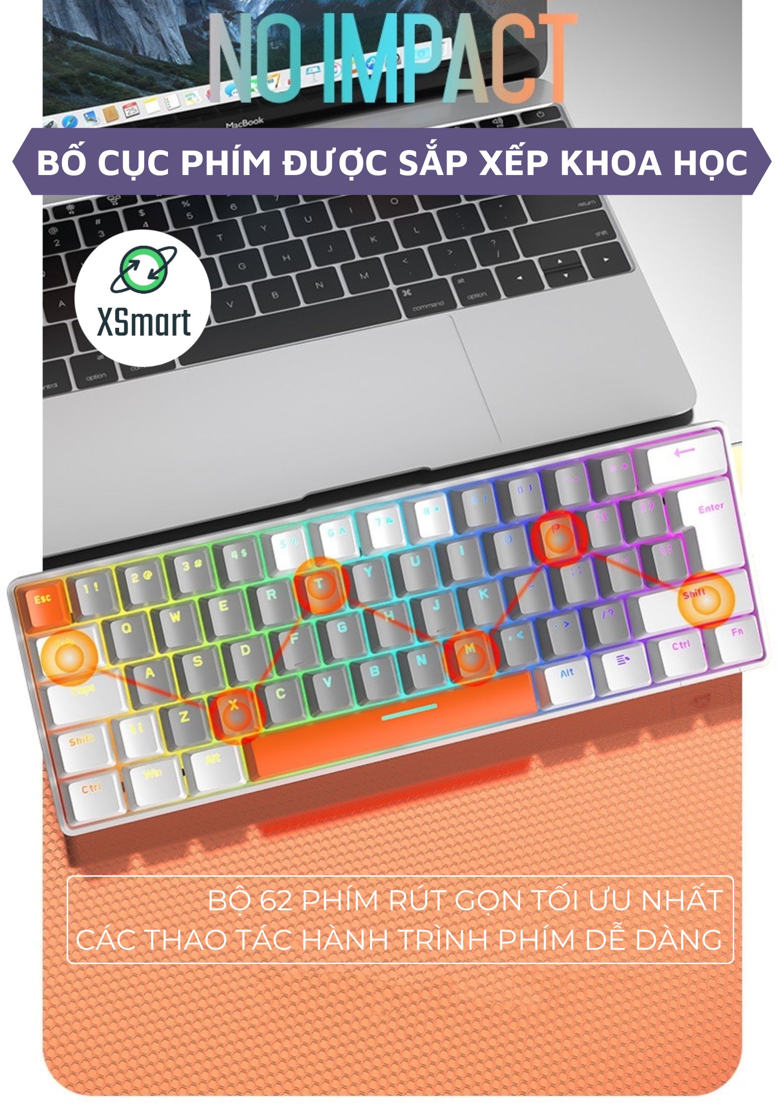 Bàn Phím Cơ RGB Led 18 Chế Độ Có Dây T60 Trục Cơ Red Switch Gõ Êm Giảm Ồn Layout 62 Phím Nhỏ Gọn Có HOTSWAP Cao Cấp Dùng Cho Máy Tính/ Laptop/ PC