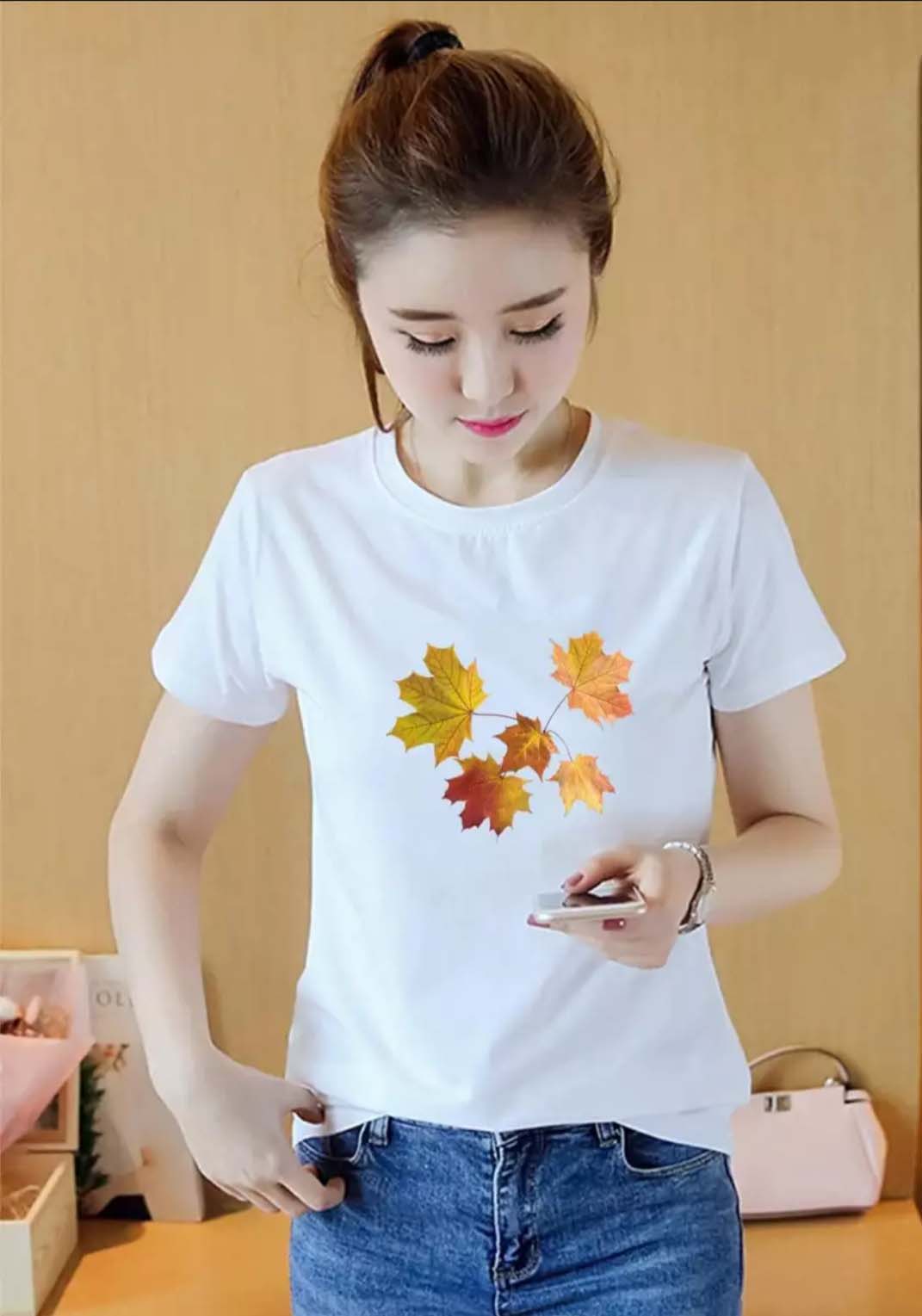[HCM]Áo thun nữ form rộng Hàn Quốc in hình 5 Lá Phong Đỏ dễ thương vải dày mịn mát