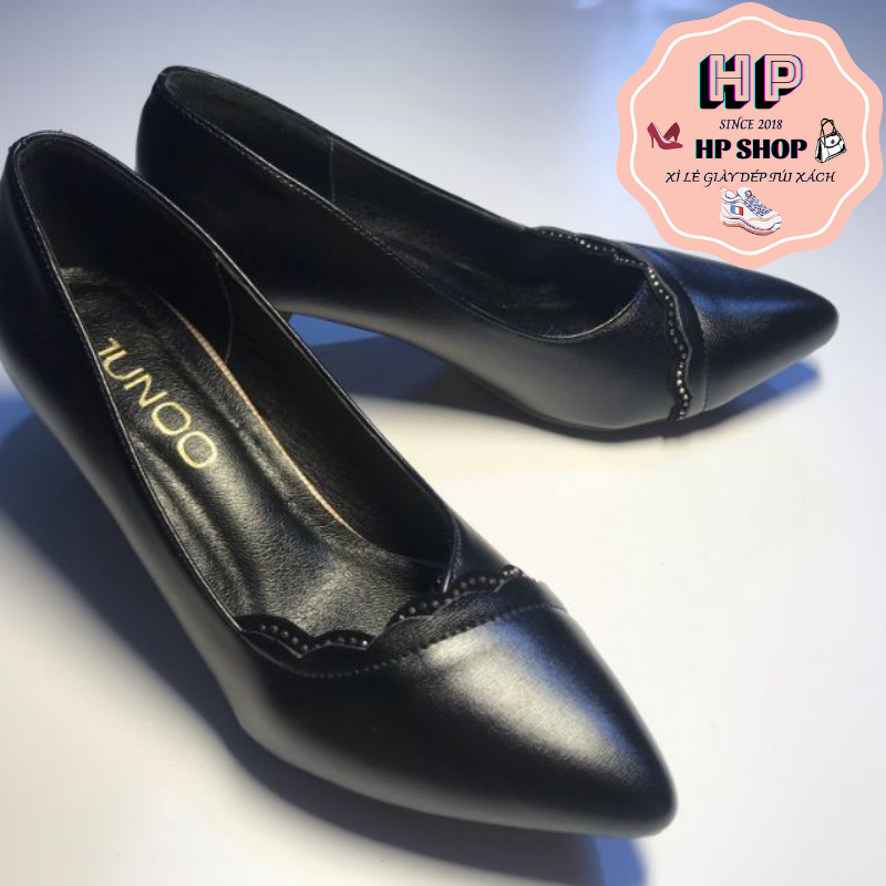 Giày cao gót 5p đế vuông nữ cườm chéo trẻ trung