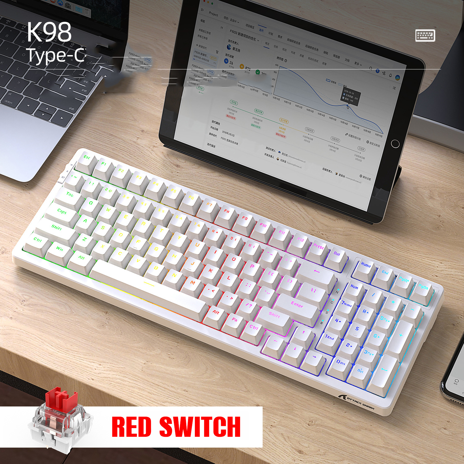 Bàn Phím Cơ Không Dây Attack Shark K98 Pro, 3 Mode Bluetooth, 2.4G, Type-c