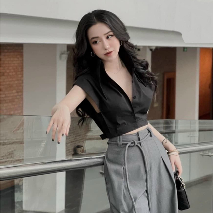 Diva beveda áo sơ mi kiểu nữ dáng croptop sát nách cổ nhọn mẫu mới hot trend