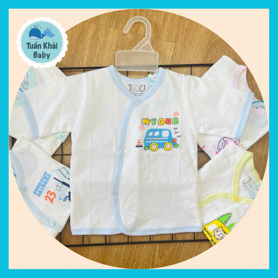 Túi 5 Áo sơ sinh cotton JOU | Mẫu Tay Ngắn Cài Nút Xéo Trắng | Size 1 -4 cho bé sơ sinh - 11 kg| Chất vải thun cotton 100% xịn đẹp mềm họa tiết xinh |Hàng Việt Nam | Quần sơ sinh | Áo sơ sinh | Đồ sơ sinh