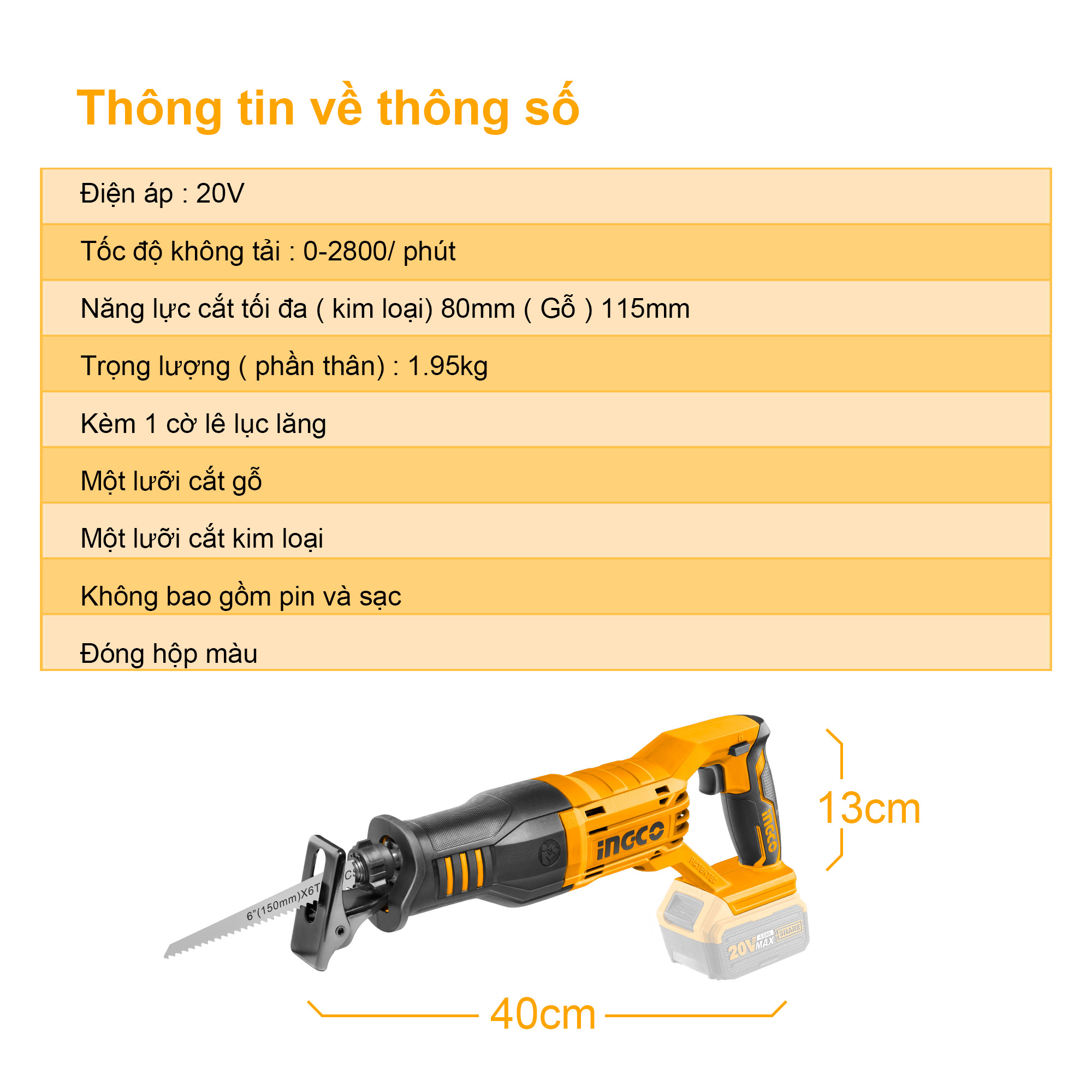 Máy cưa kiếm dùng pin 20V INGCO CRSLI1151 (chưa bao gồm pin và sạc đi kèm)