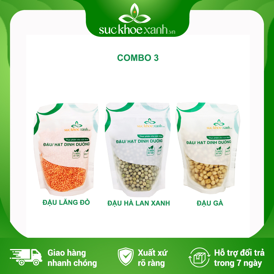 Combo 3 - Đậu gà & Đậu lăng đỏ nguyên hạt & Đậu hà lan xanh nguyên hạt 250g/túi