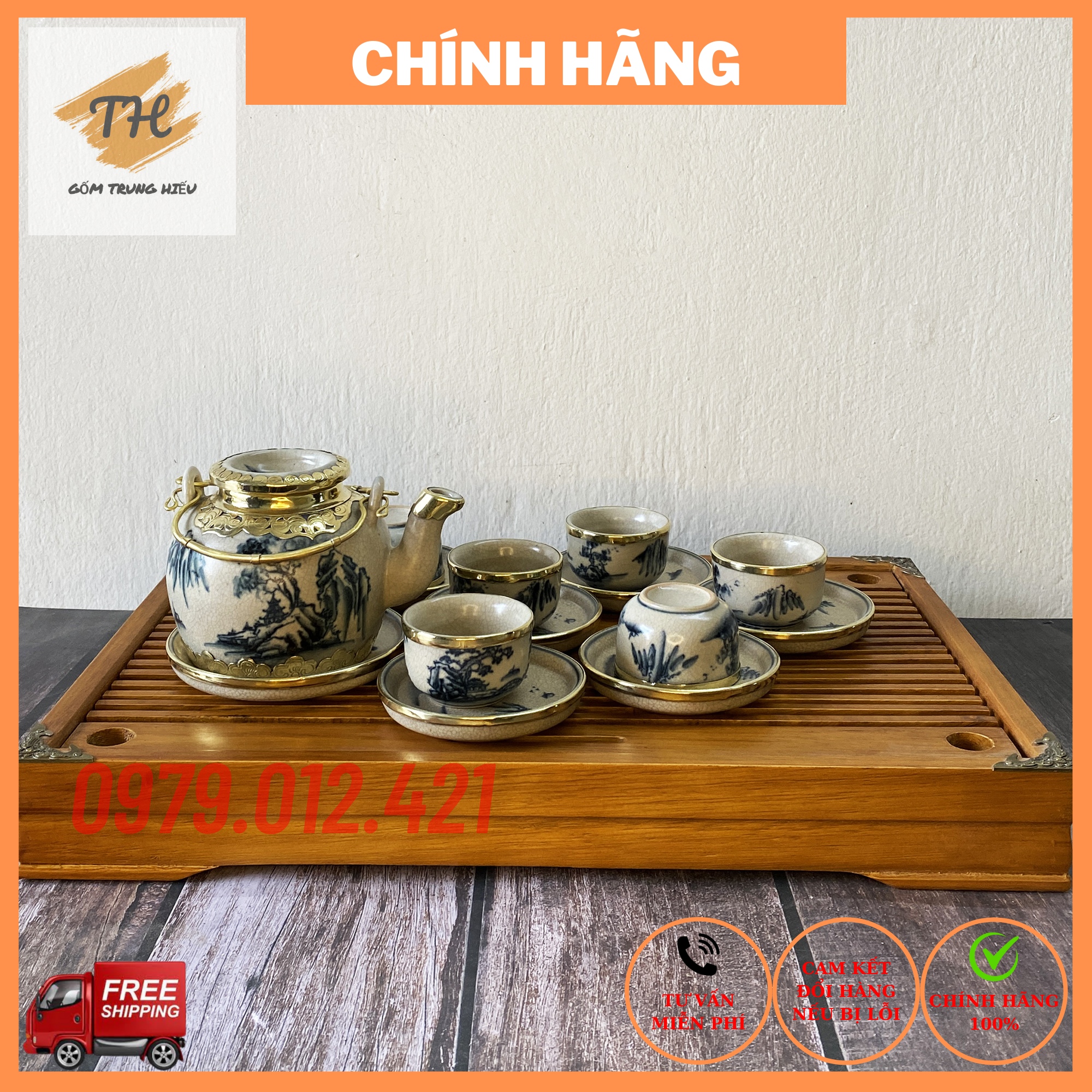 FREESHIP - Bộ ấm chén Bát Tràng bọc đồng men rạn giả cổ bộ ấm trà cổ bọc đồng men rạn cao cấp dung tích ấm 350ml - tích tùng chùa