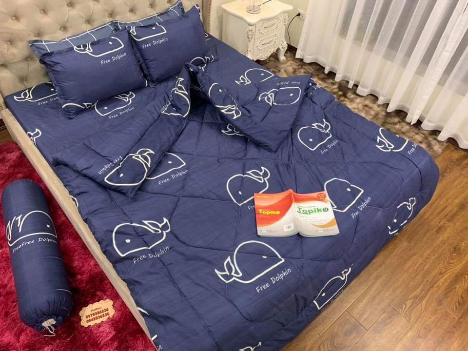 Bộ chăn phao ga gối 5 món kèm vỏ gối ôm mẫu cá heo xanh