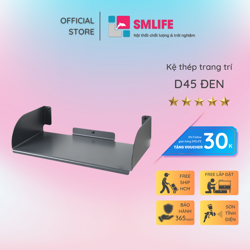 Kệ sách treo tường chữ D 45 - Kệ treo tường bằng thép dày 1,6mm - Sơn tĩnh điện màu Trắng/ Đen hiện đại - Tặng kèm bộ ốc vít và đầu bịt ốc