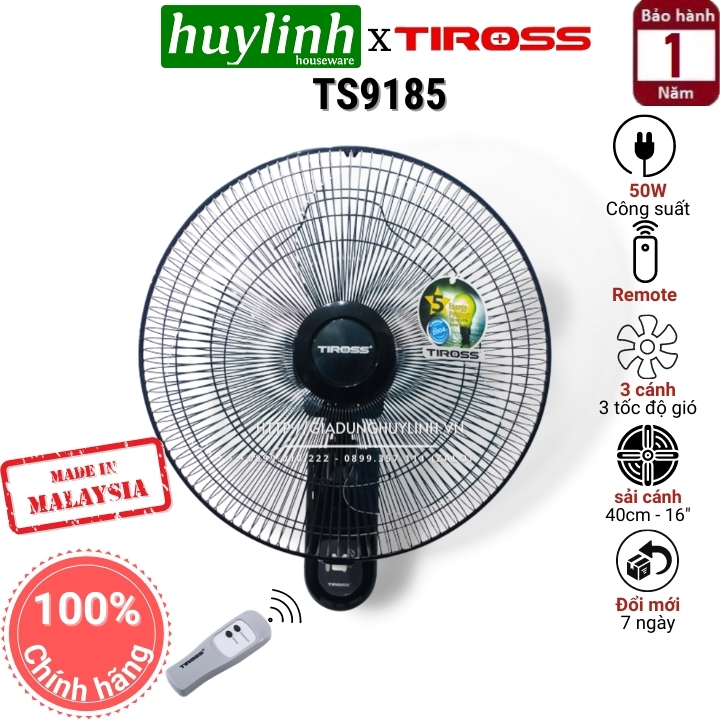 Quạt treo tường tiross ts9185 - ts9186 - malaysia - có remote