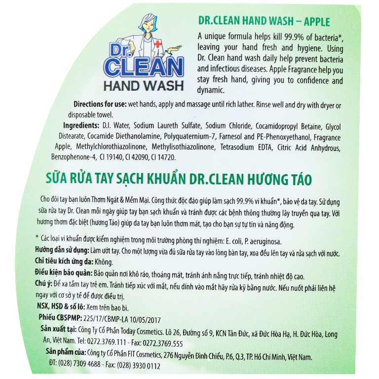 [HCM]Nước rửa tay sạch khuẩn Dr. Clean chai 500ml