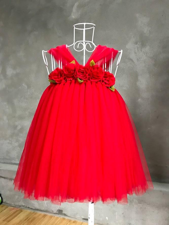 Đầm tutu công chúa hoa chiffon đỏ