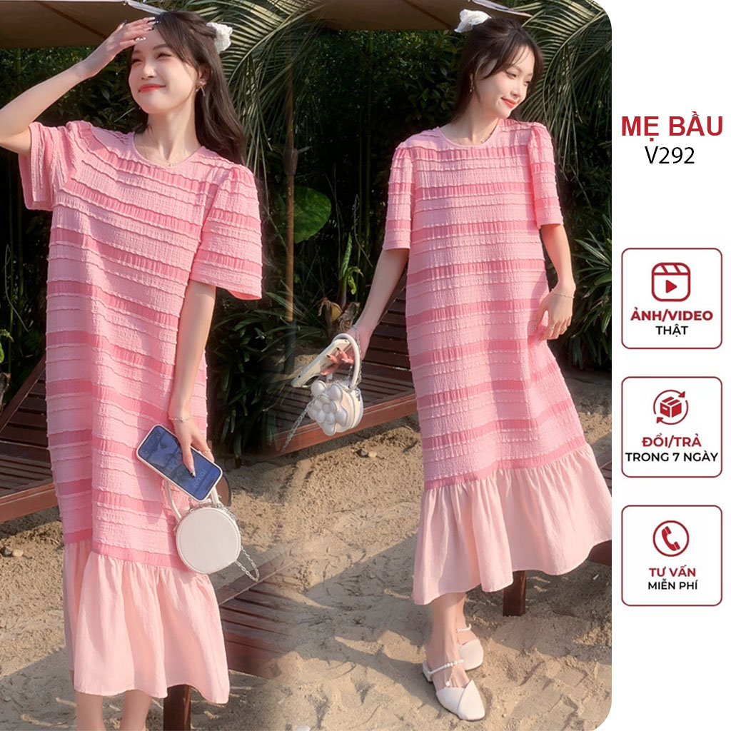 Đầm váy bầu công sở mùa hè dáng suông đuôi cá dài họa tiết kể sọc - đầm bầu babydoll đẹp freesize