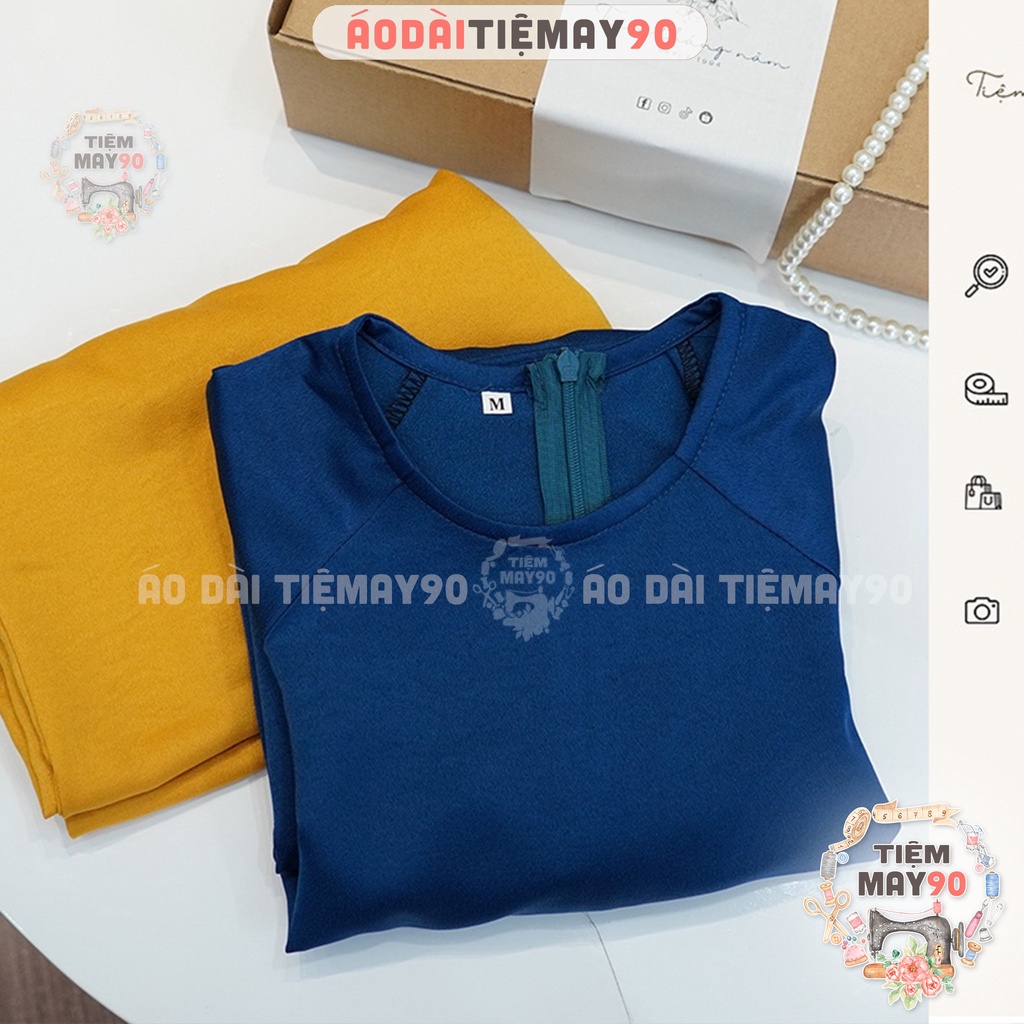 Áo dài cách tân nữ xanh lam Navy dáng suông xưa Tiệm 90 may sẵn lụa xuông bầu dự tiệc lễ tết đẹp AD90080