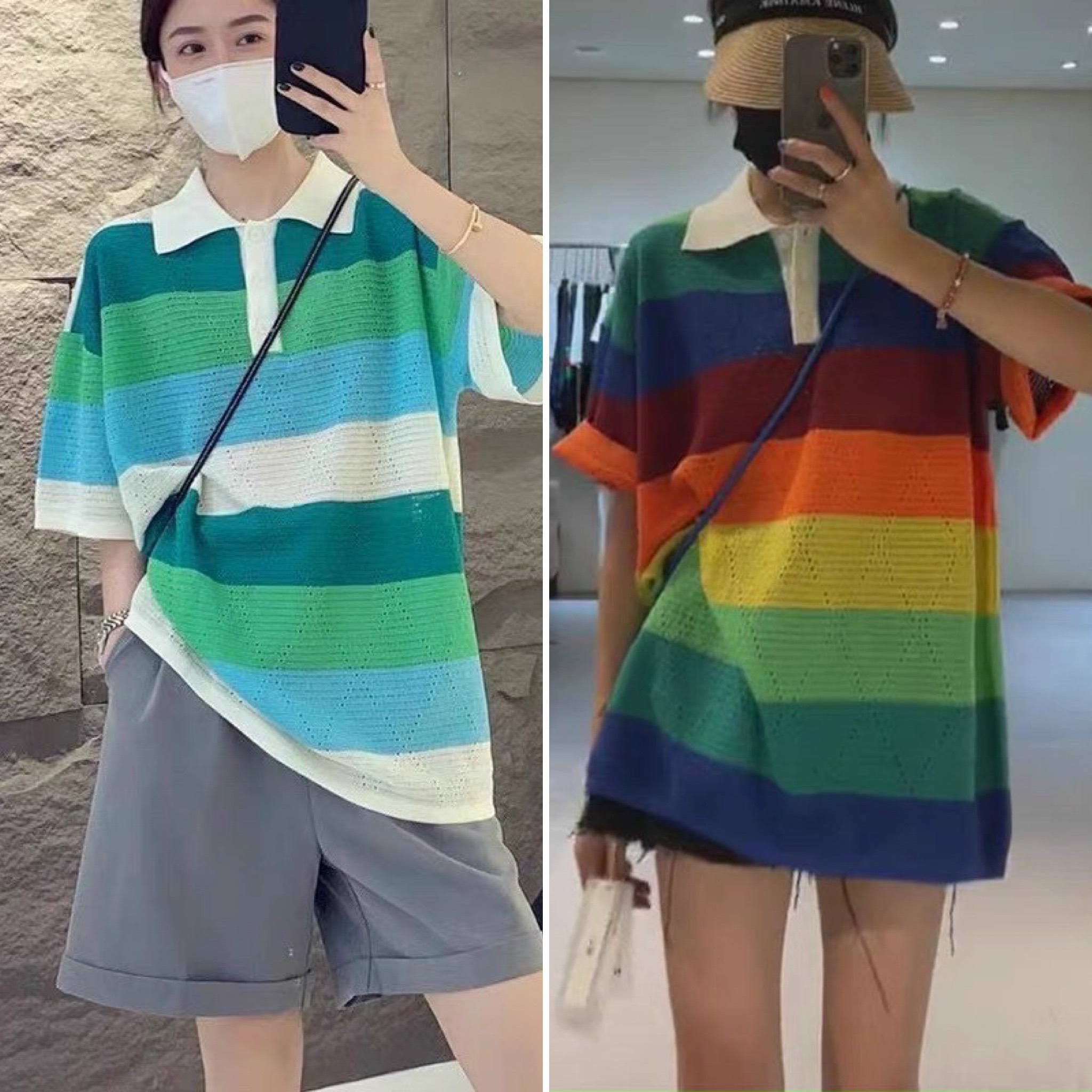 Áo len kẻ ngang vân trám oversize form thụng giấu quần