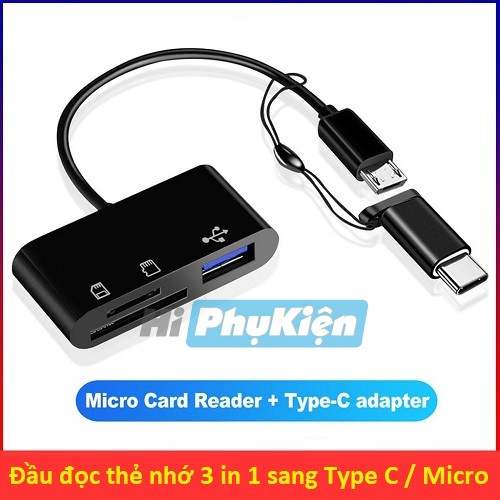 Đầu đọc thẻ nhớ 3 in 1 to OTG cổng Type C / cổng Micro
