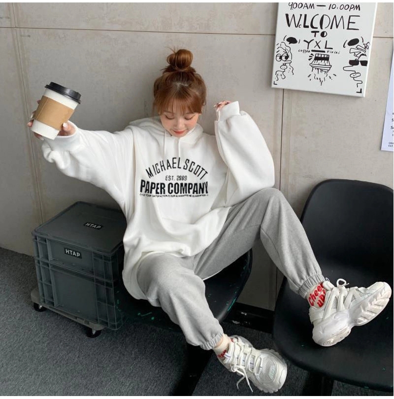 QUẦN ÁO NỮ, SET ÁO HOODIE PAPER COMPANY KÈM QUẦN BOM XÁM