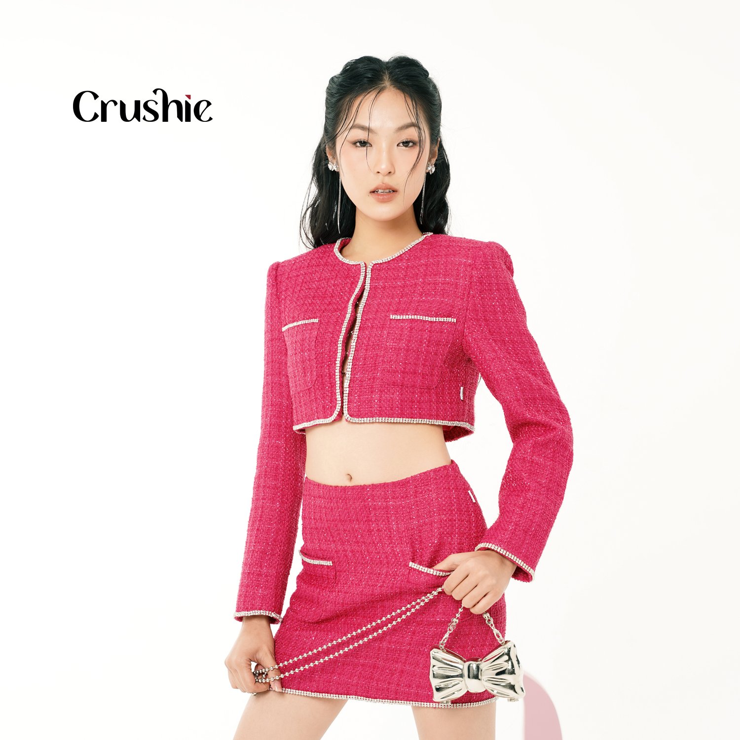 Áo khoác dạ tweed nữ Crushie dáng ngắn croptop đính đá Rose