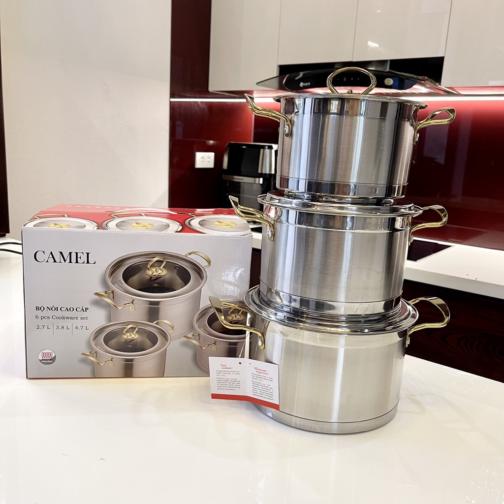 { NEW SALE } Bộ nồi 3 món inox 304 CAMEL, đáy 3 lớp, chống dính, tay cầm cách nhiệt - Bộ nồi inox cao cấp, nồi inox, nồi chống dính , bộ nồi 3 món , nồi nấu ăn, nồi có tay cầm cách nhiệt, nồi inox chống dính, nồi camel Chính Hãng