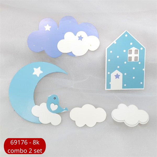 Set que giấy trang trí bánh hình ngôi nhà xanh - hồng