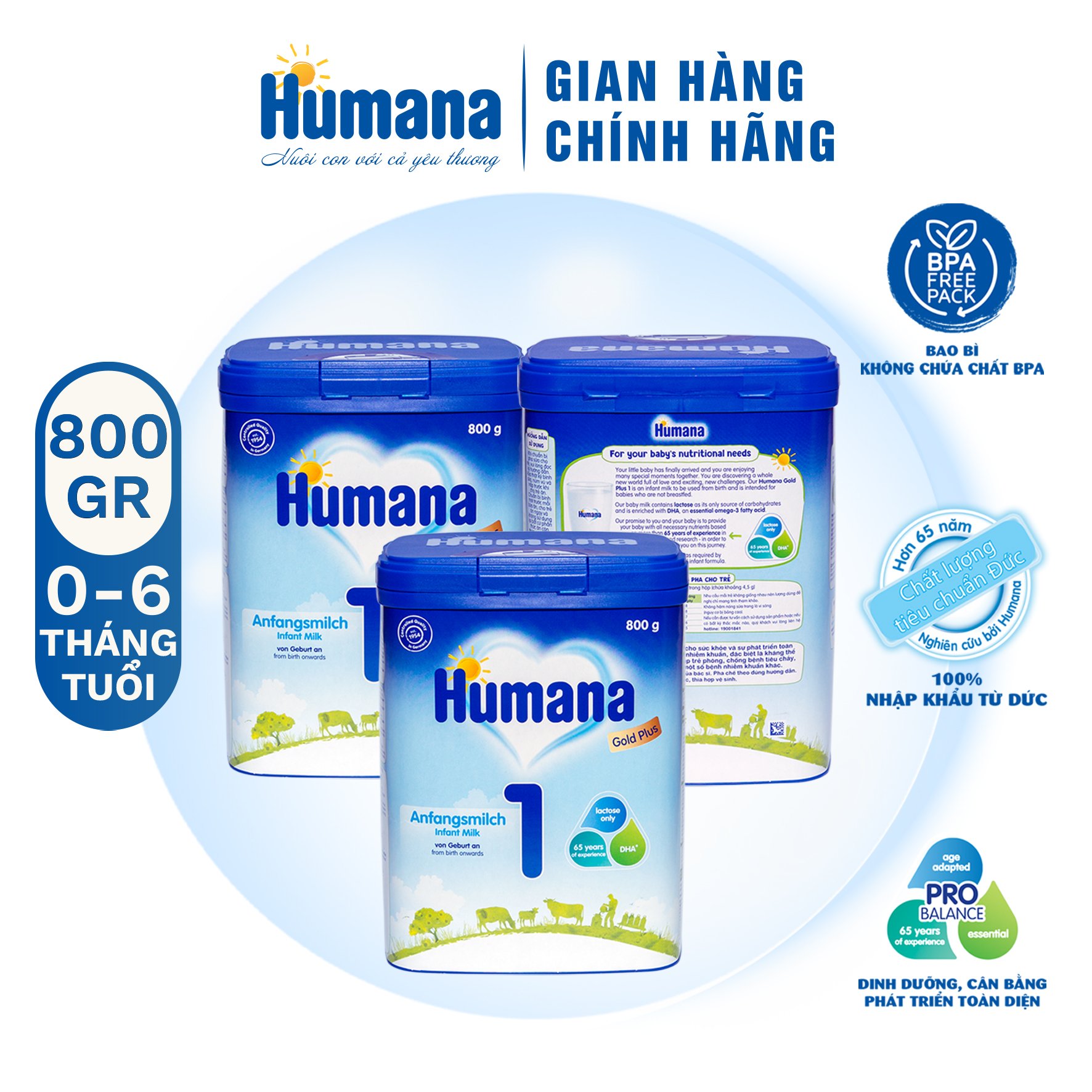 Combo 3 hộp Sữa bột Humana Gold Plus 1 800g