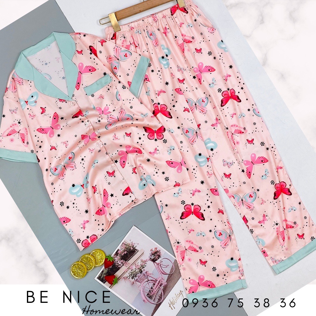Set pijama lụa mặc nhà cổ phối màu tay ngắn quần dài
