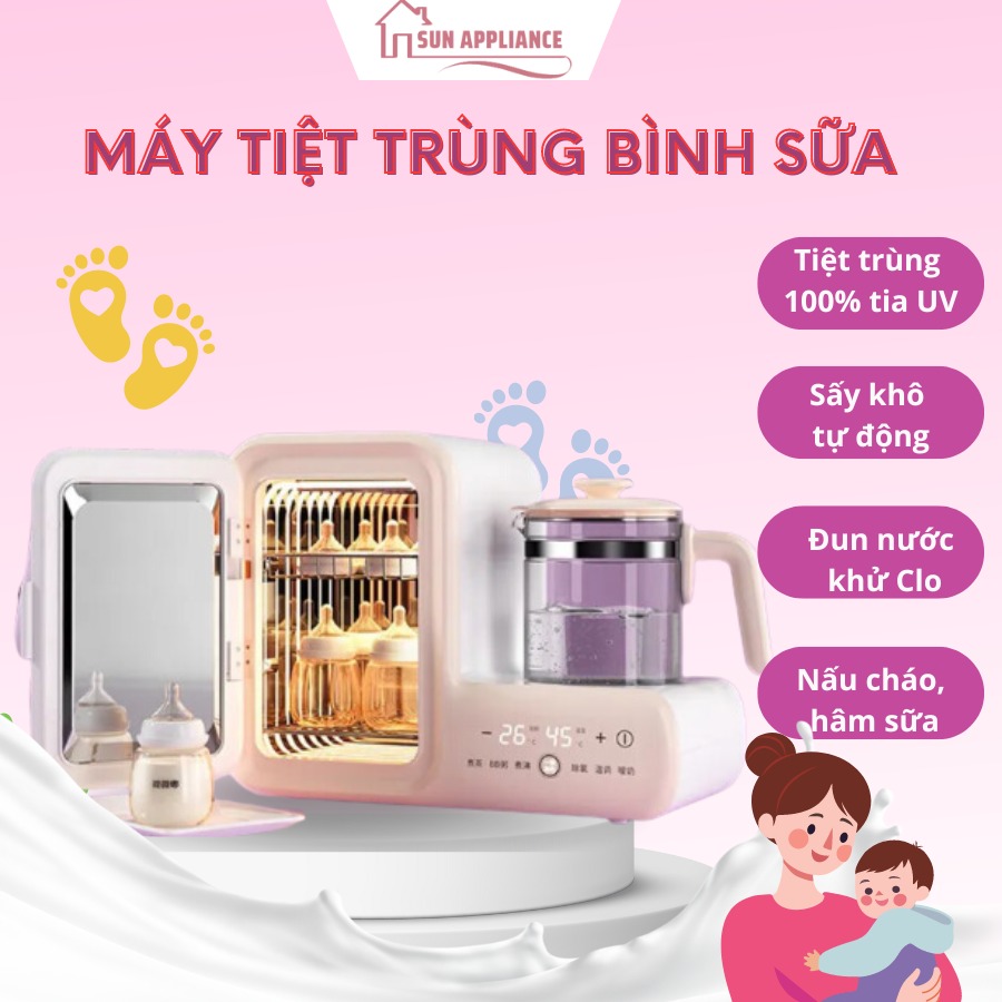 Máy tiệt trùng bình sữa sấy khô, máy tiệt trùng bình sữa uv đa năng vividear - sấy khô quần áo em bé, đun nước pha sữa