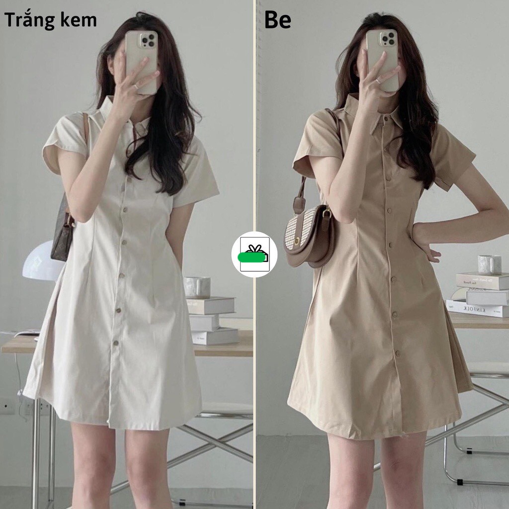 Đầm váy nữ phối cổ sơ mi cài cúc chiết eo lưng chun Váy nữ mặc tôn dáng nhiều màu xinh ♥️