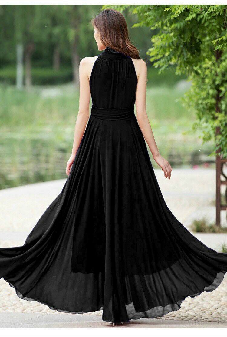 đầm maxi dài đỏ-đen cổ v sang trọng