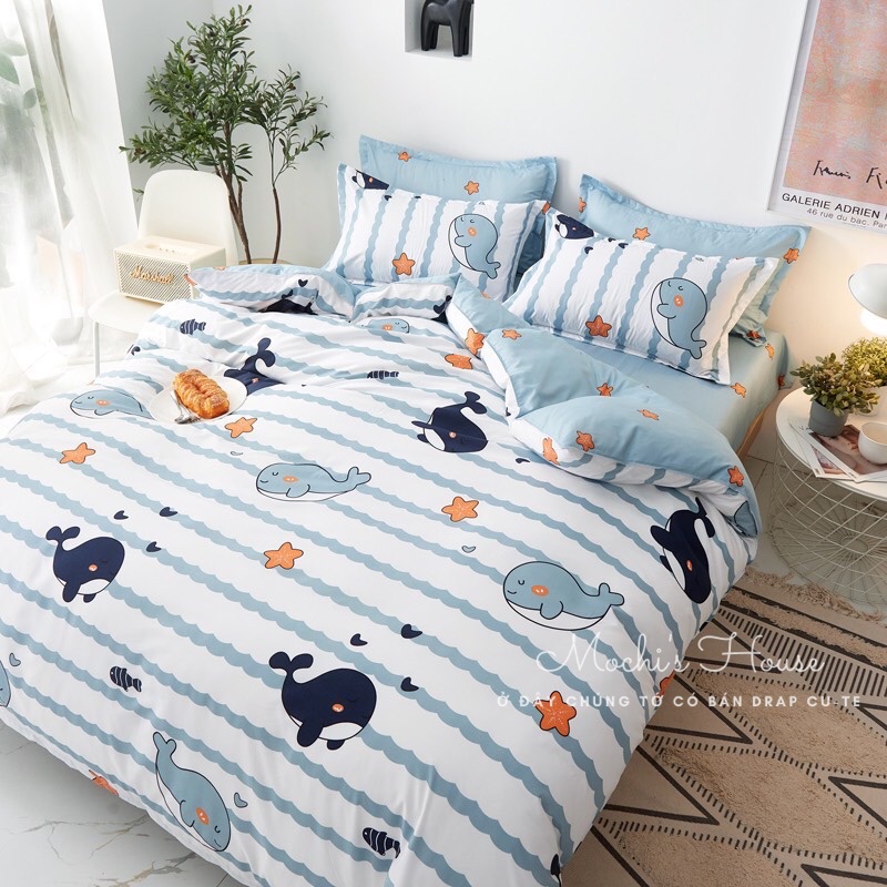[VẢI SIÊU ĐẸP] BỘ CHĂN GA GỐI COTON POLY MẪU CÁ VOI SIÊU XINH