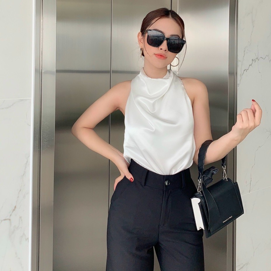 [Có sẵn] Áo lụa satin cổ yếm cao sang chảnh (có ảnh thật)