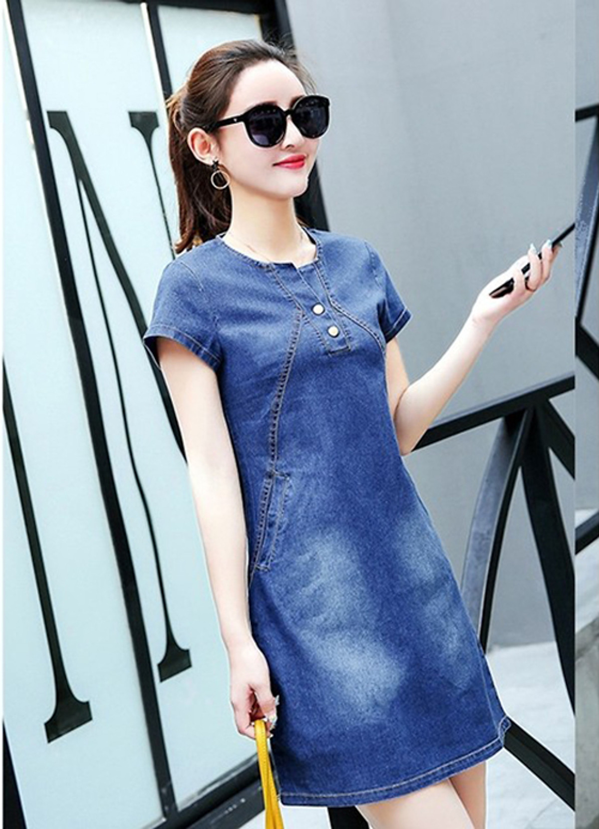 ĐẦM JEAN SUÔNG PHỐI NÚT