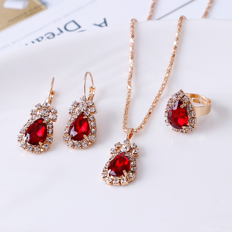 Bộ trang sức giọt nước bông tai vòng cổ nhẫn cô dâu nhiều màu săc