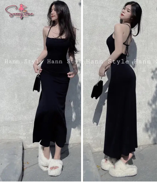 Đầm hở lưng body dáng dài đan dây, váy nữ có mút (SN072)