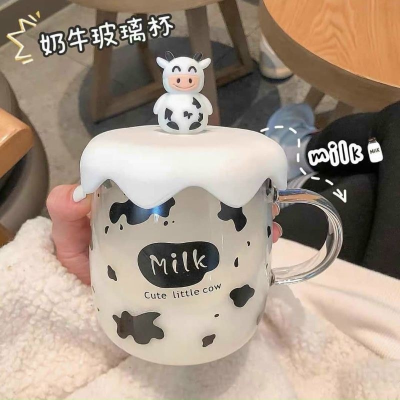 Cốc nước bò sữa thủy tinh cute